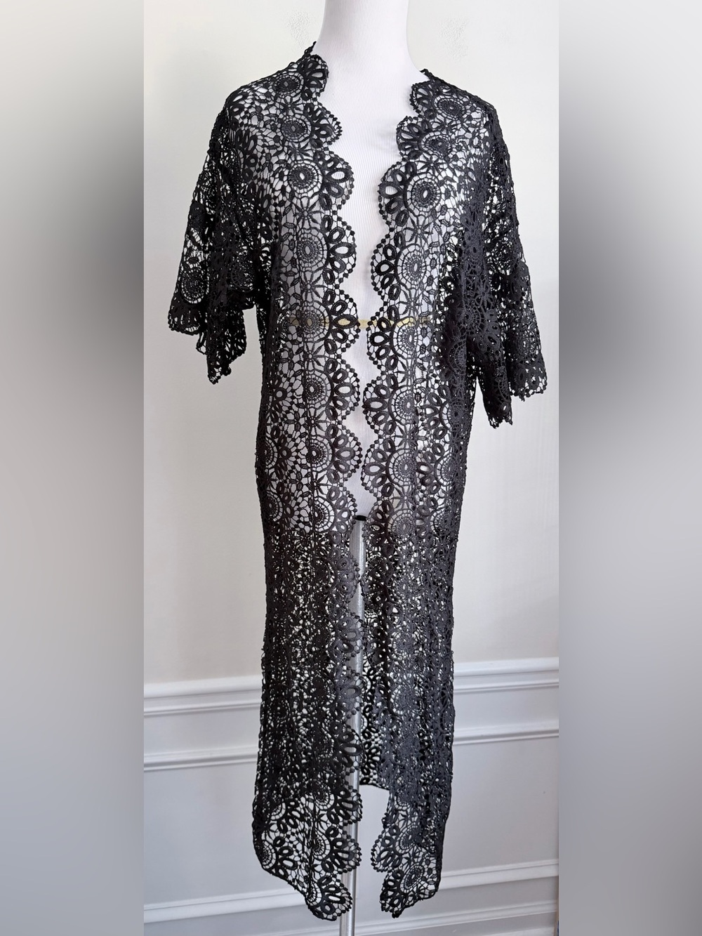 Bebe black longline open front embroidered duster cover up festival hippie boho